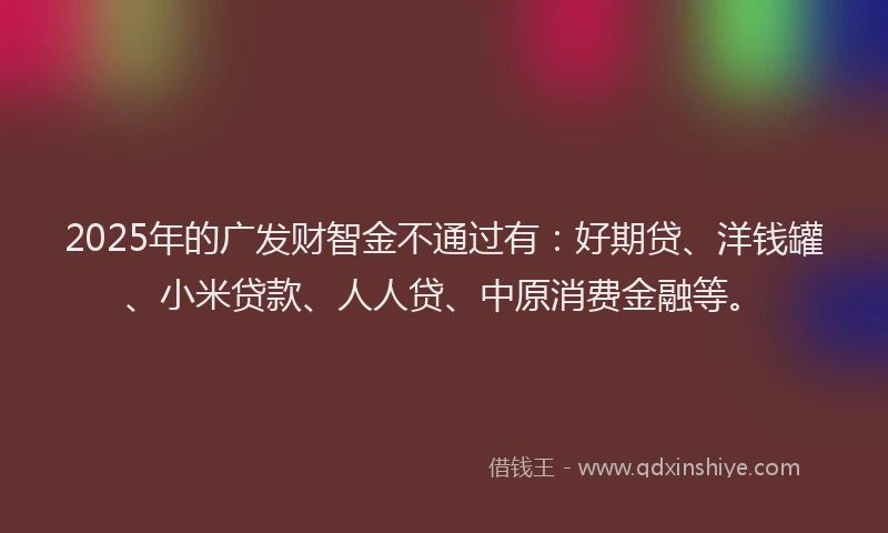2025年的广发财智金不通过有:好期贷、洋钱罐、小米贷款、人人贷、中原消费金融等。