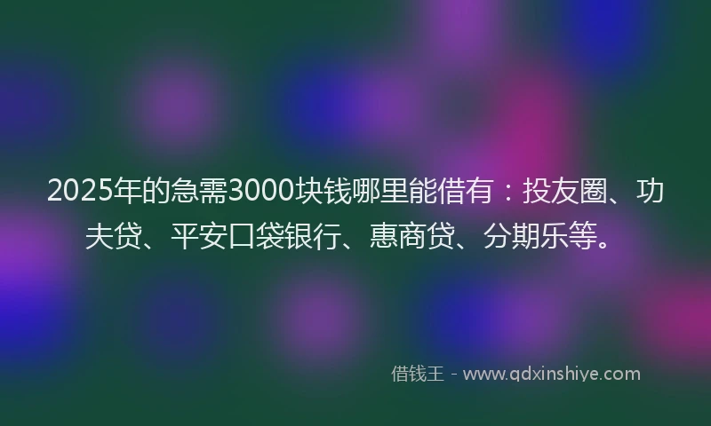 2025年的急需3000块钱哪里能借有：投友圈、功夫贷、平安口袋银行、惠商贷、分期乐等。