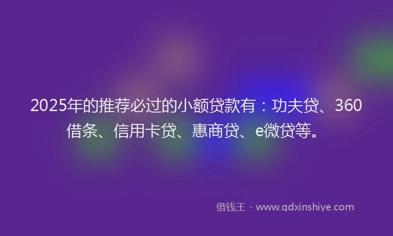 2025年的推荐必过的小额贷款有：功夫贷、360借条、信用卡贷、惠商贷、e微贷等。