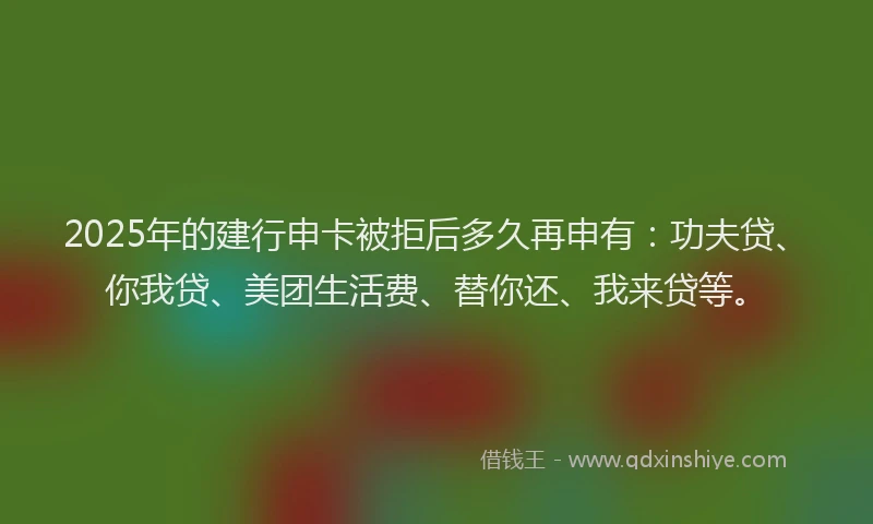 2025年的建行申卡被拒后多久再申有：功夫贷、你我贷、美团生活费、替你还、我来贷等。