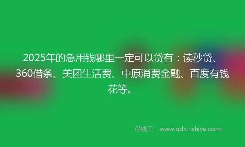 2025年的急用钱哪里一定可以贷有：读秒贷、360借条、美团生活费、中原消费金融、百度有钱花等。