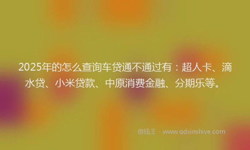 2025年的怎么查询车贷通不通过有：超人卡、滴水贷、小米贷款、中原消费金融、分期乐等。