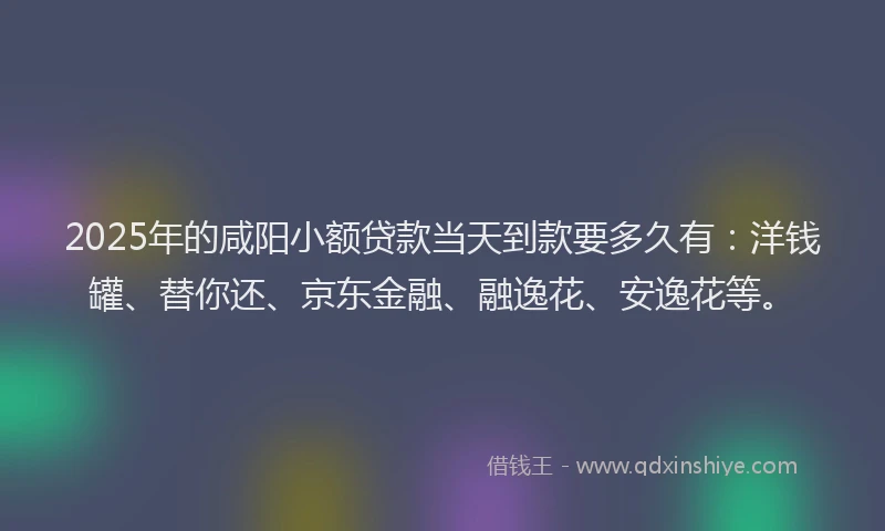 2025年的咸阳小额贷款当天到款要多久有：洋钱罐、替你还、京东金融、融逸花、安逸花等。