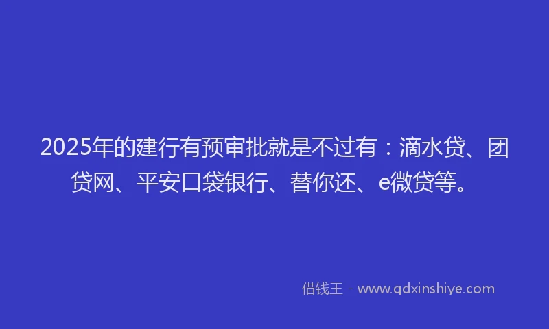 2025年的建行有预审批就是不过有：滴水贷、团贷网、平安口袋银行、替你还、e微贷等。