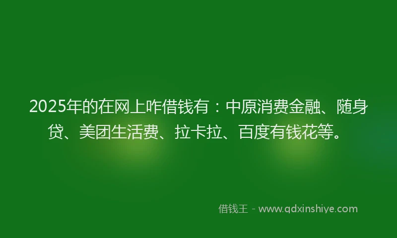 2025年的在网上咋借钱有：中原消费金融、随身贷、美团生活费、拉卡拉、百度有钱花等。