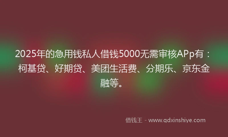 2025年的急用钱私人借钱5000无需审核APp有：柯基贷、好期贷、美团生活费、分期乐、京东金融等。