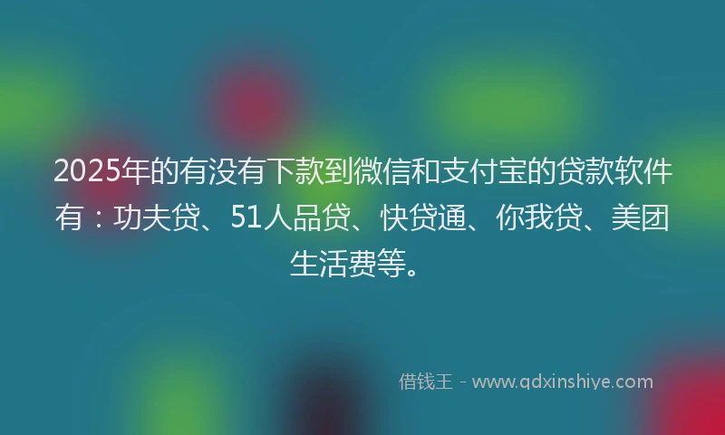 2025年的有没有下款到微信和支付宝的贷款软件有：功夫贷、51人品贷、快贷通、你我贷、美团生活费等。