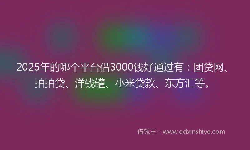 2025年的哪个平台借3000钱好通过有：团贷网、拍拍贷、洋钱罐、小米贷款、东方汇等。