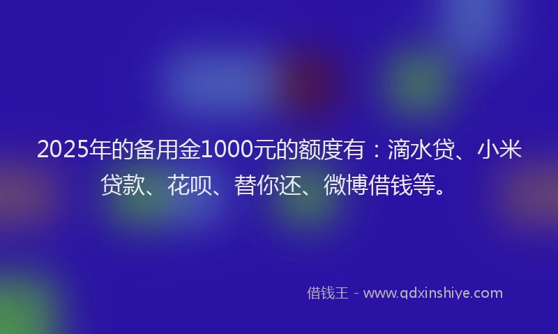 2025年的备用金1000元的额度有：滴水贷、小米贷款、花呗、替你还、微博借钱等。