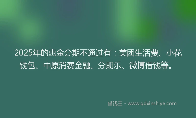 2025年的惠金分期不通过有：美团生活费、小花钱包、中原消费金融、分期乐、微博借钱等。