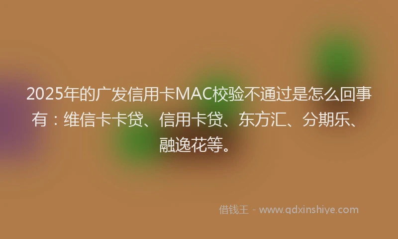 2025年的广发信用卡MAC校验不通过是怎么回事有：维信卡卡贷、信用卡贷、东方汇、分期乐、融逸花等。