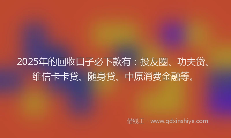 2025年的回收口子必下款有：投友圈、功夫贷、维信卡卡贷、随身贷、中原消费金融等。