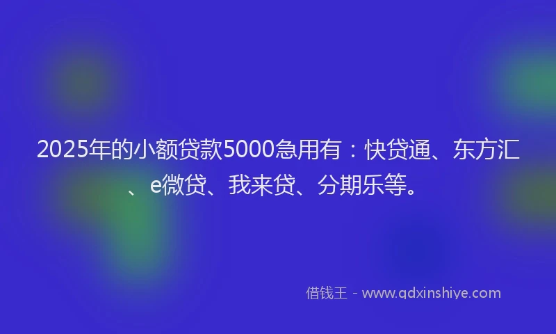 2025年的小额贷款5000急用有：快贷通、东方汇、e微贷、我来贷、分期乐等。