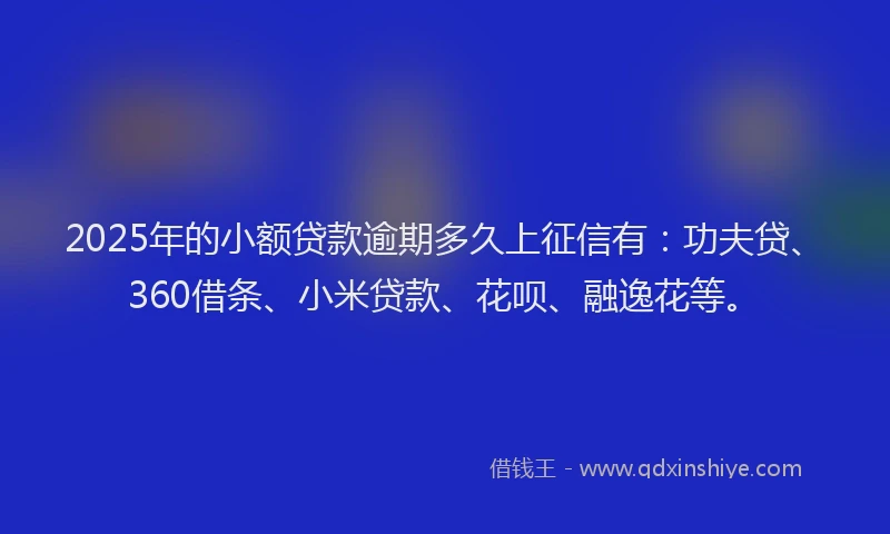 2025年的小额贷款逾期多久上征信有：功夫贷、360借条、小米贷款、花呗、融逸花等。