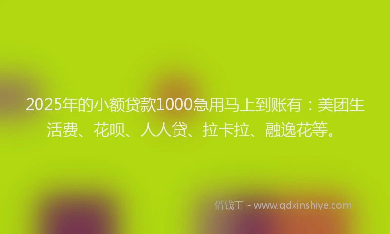 2025年的小额贷款1000急用马上到账有：美团生活费、花呗、人人贷、拉卡拉、融逸花等。