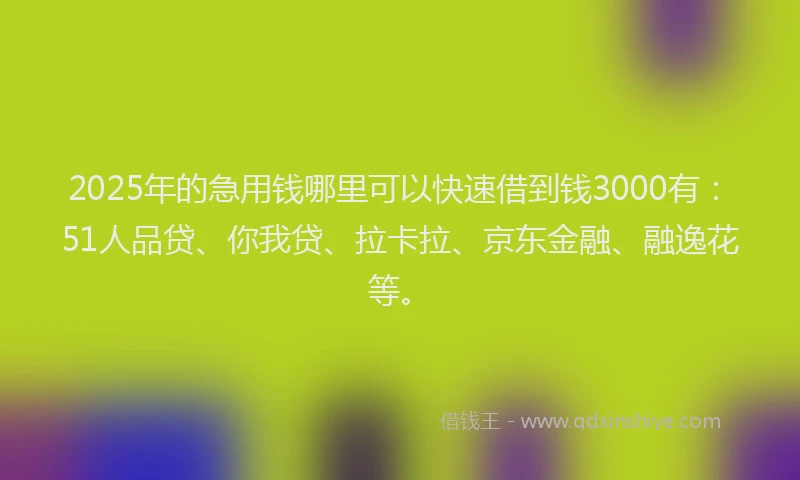 2025年的急用钱哪里可以快速借到钱3000有：51人品贷、你我贷、拉卡拉、京东金融、融逸花等。