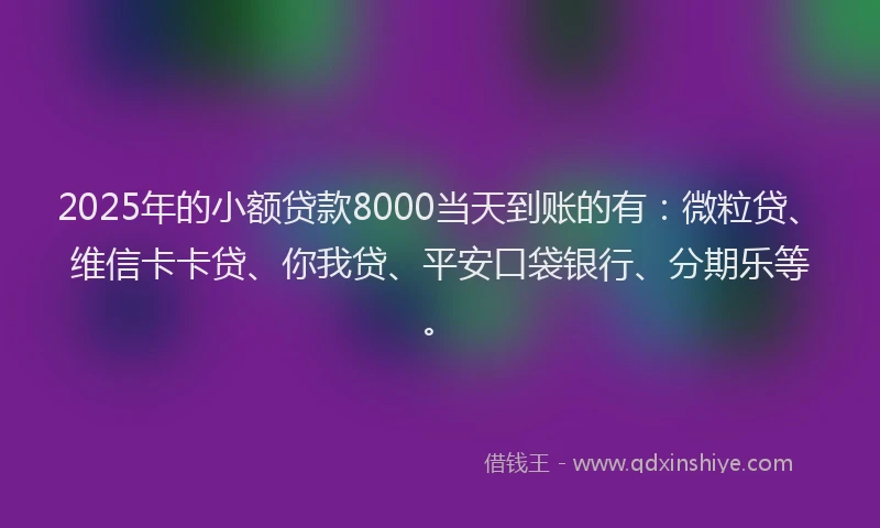 2025年的小额贷款8000当天到账的有：微粒贷、维信卡卡贷、你我贷、平安口袋银行、分期乐等。