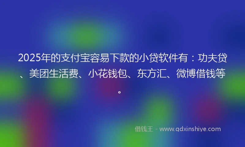 2025年的支付宝容易下款的小贷软件有：功夫贷、美团生活费、小花钱包、东方汇、微博借钱等。