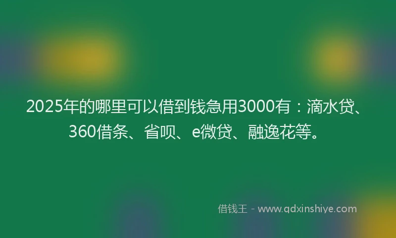 2025年的哪里可以借到钱急用3000有：滴水贷、360借条、省呗、e微贷、融逸花等。