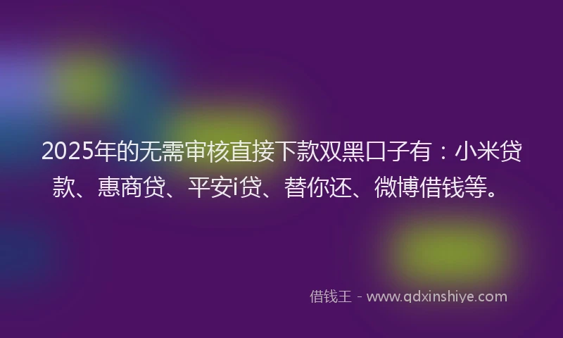 2025年的无需审核直接下款双黑口子有：小米贷款、惠商贷、平安i贷、替你还、微博借钱等。