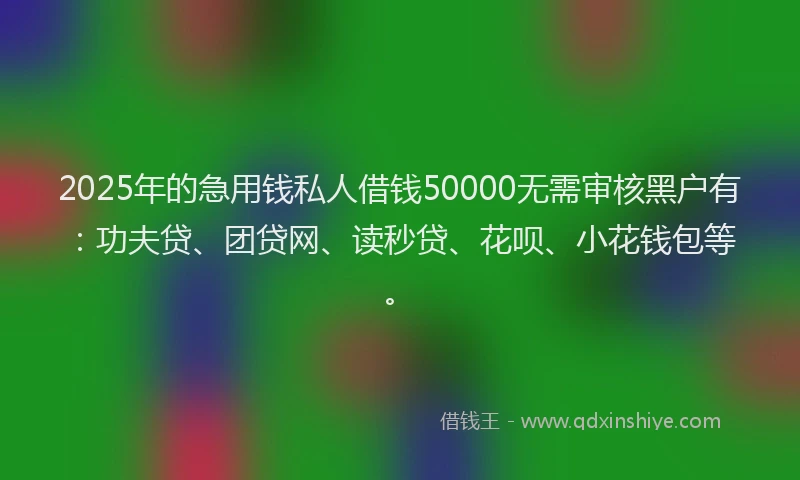 2025年的急用钱私人借钱50000无需审核黑户有：功夫贷、团贷网、读秒贷、花呗、小花钱包等。