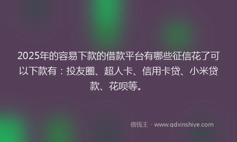 2025年的容易下款的借款平台有哪些征信花了可以下款有：投友圈、超人卡、信用卡贷、小米贷款、花呗等。