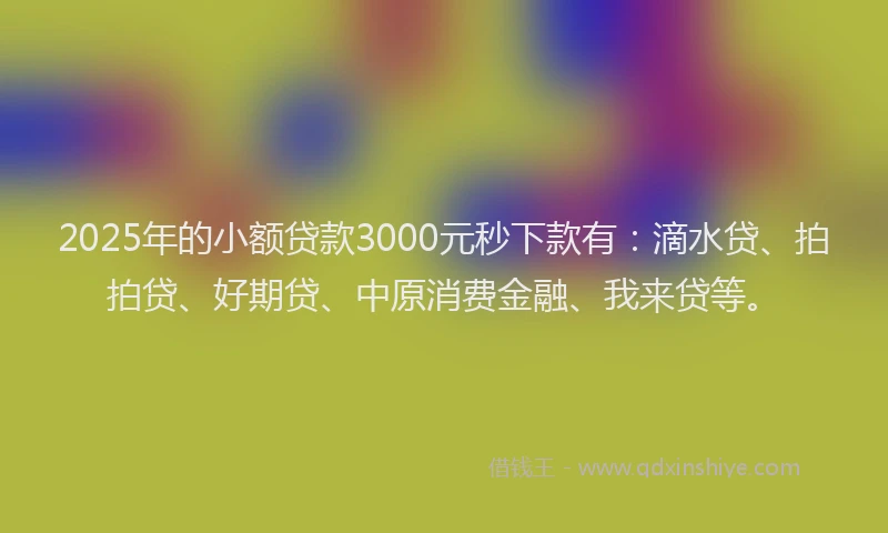 2025年的小额贷款3000元秒下款有：滴水贷、拍拍贷、好期贷、中原消费金融、我来贷等。