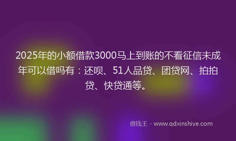 2025年的小额借款3000马上到账的不看征信未成年可以借吗有：还呗、51人品贷、团贷网、拍拍贷、快贷通等。