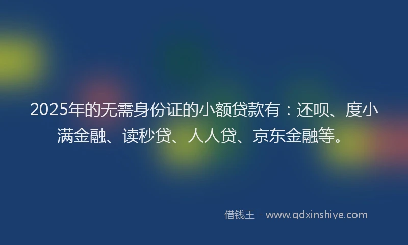 2025年的无需身份证的小额贷款有：还呗、度小满金融、读秒贷、人人贷、京东金融等。
