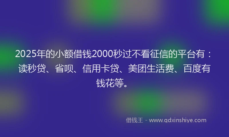2025年的小额借钱2000秒过不看征信的平台有：读秒贷、省呗、信用卡贷、美团生活费、百度有钱花等。