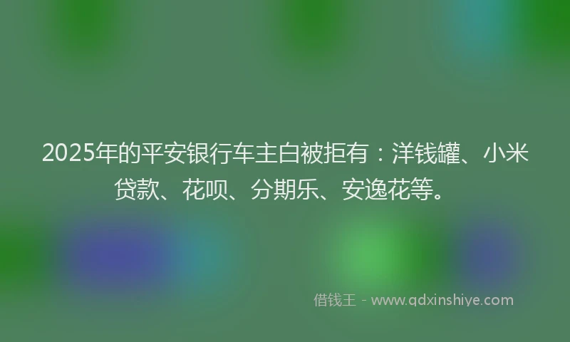 2025年的平安银行车主白被拒有：洋钱罐、小米贷款、花呗、分期乐、安逸花等。