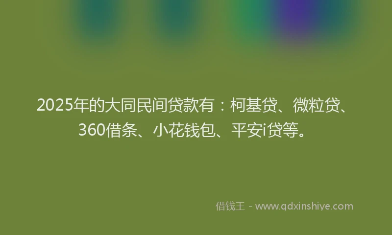 2025年的大同民间贷款有：柯基贷、微粒贷、360借条、小花钱包、平安i贷等。