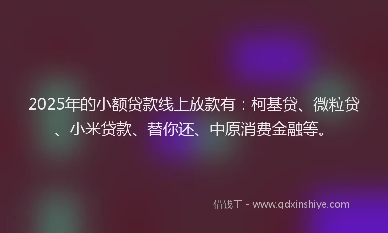 2025年的小额贷款线上放款有：柯基贷、微粒贷、小米贷款、替你还、中原消费金融等。