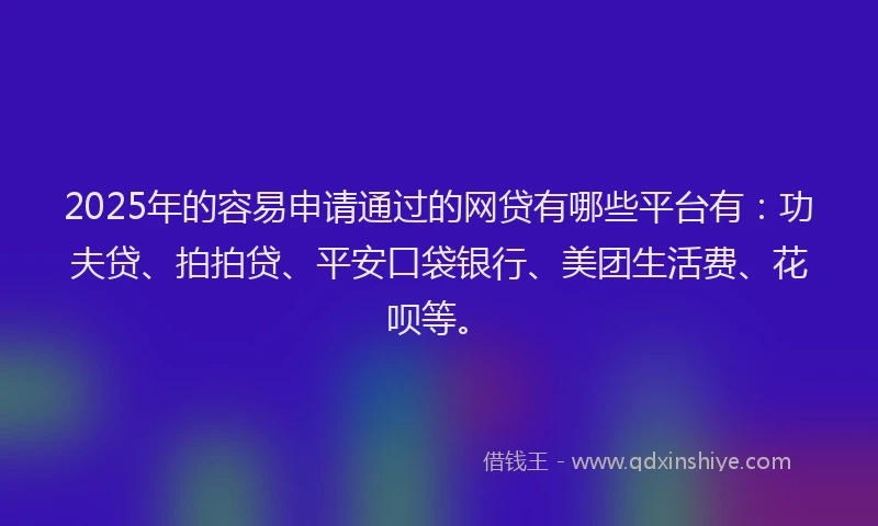 2025年的容易申请通过的网贷有哪些平台有：功夫贷、拍拍贷、平安口袋银行、美团生活费、花呗等。