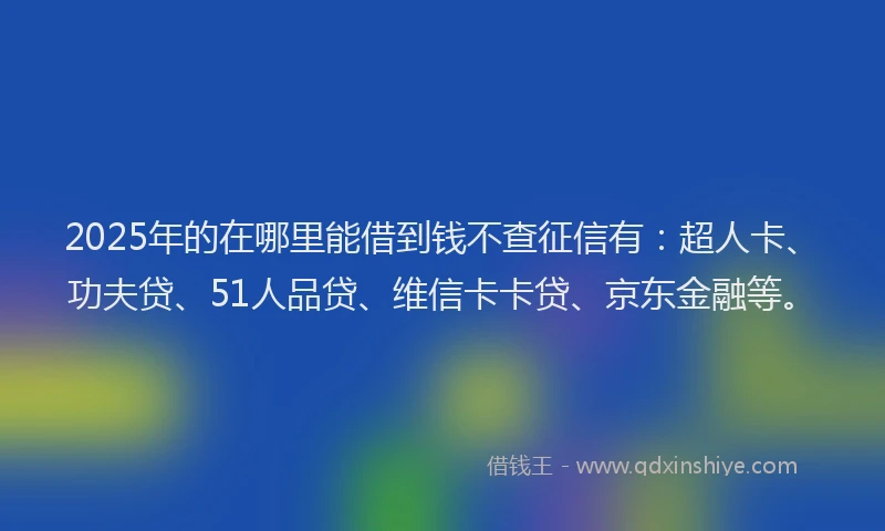 2025年的在哪里能借到钱不查征信有：超人卡、功夫贷、51人品贷、维信卡卡贷、京东金融等。