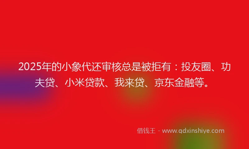 2025年的小象代还审核总是被拒有：投友圈、功夫贷、小米贷款、我来贷、京东金融等。