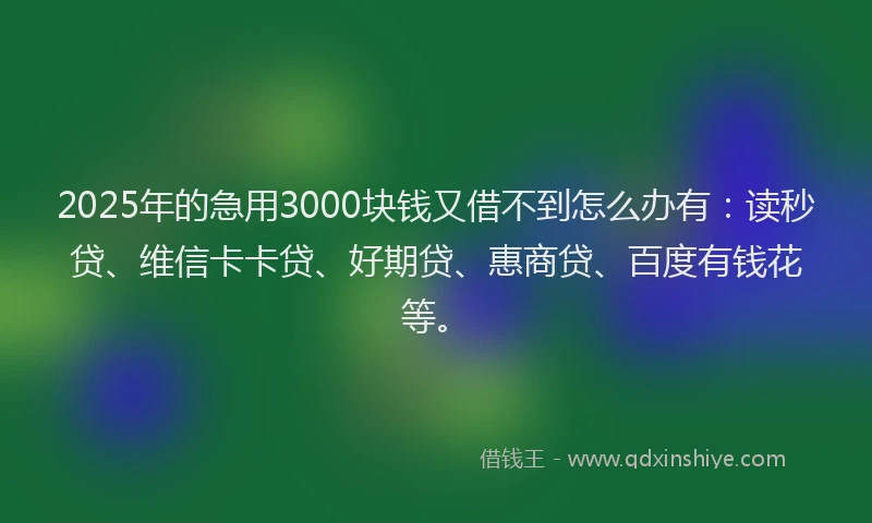 2025年的急用3000块钱又借不到怎么办有：读秒贷、维信卡卡贷、好期贷、惠商贷、百度有钱花等。