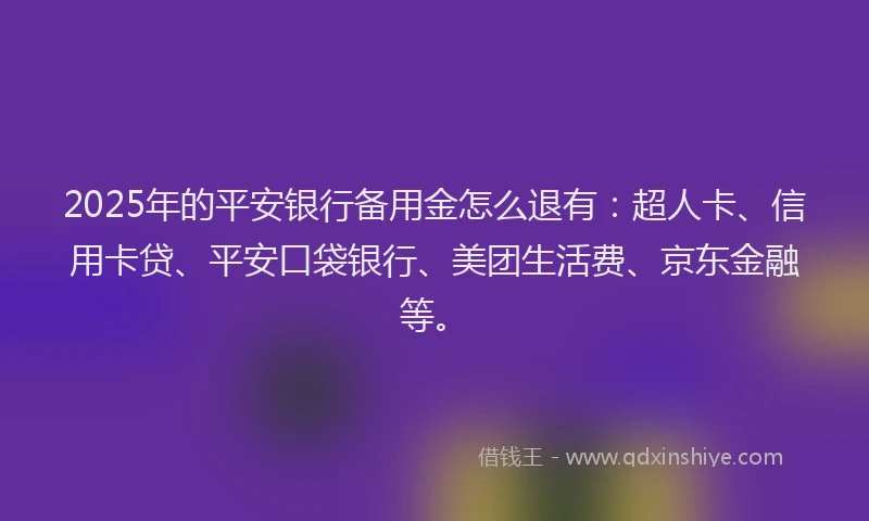 2025年的平安银行备用金怎么退有：超人卡、信用卡贷、平安口袋银行、美团生活费、京东金融等。