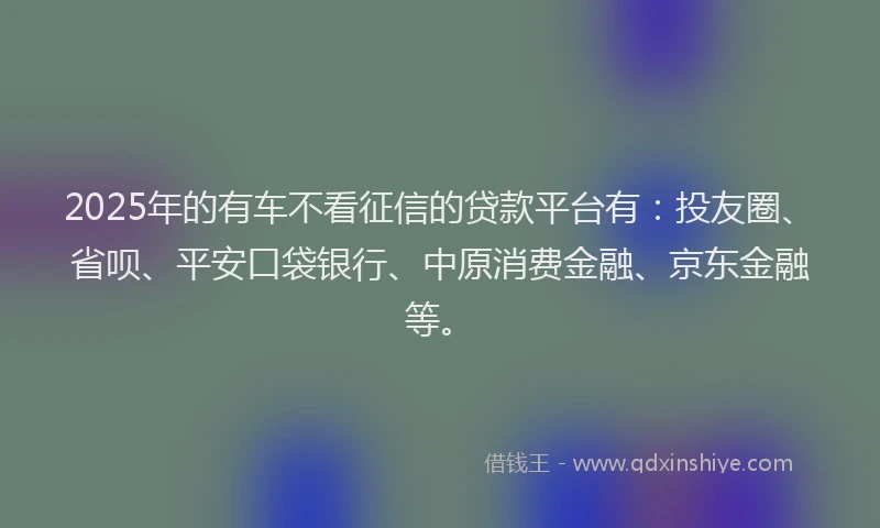2025年的有车不看征信的贷款平台有：投友圈、省呗、平安口袋银行、中原消费金融、京东金融等。
