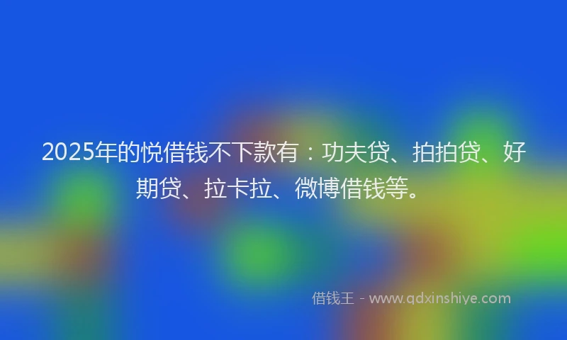2025年的悦借钱不下款有：功夫贷、拍拍贷、好期贷、拉卡拉、微博借钱等。