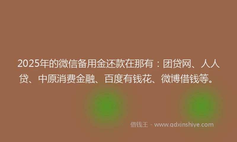 2025年的微信备用金还款在那有：团贷网、人人贷、中原消费金融、百度有钱花、微博借钱等。