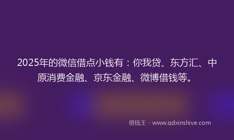 2025年的微信借点小钱有：你我贷、东方汇、中原消费金融、京东金融、微博借钱等。