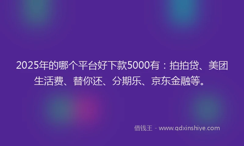 2025年的哪个平台好下款5000有：拍拍贷、美团生活费、替你还、分期乐、京东金融等。