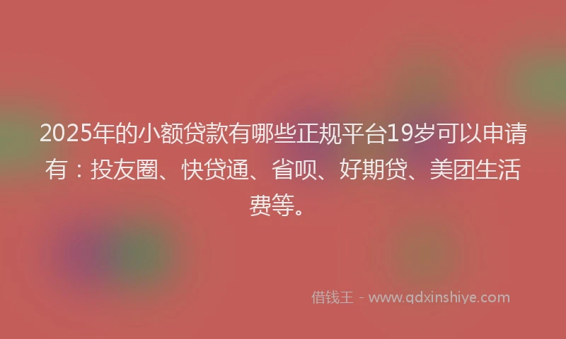 2025年的小额贷款有哪些正规平台19岁可以申请有：投友圈、快贷通、省呗、好期贷、美团生活费等。