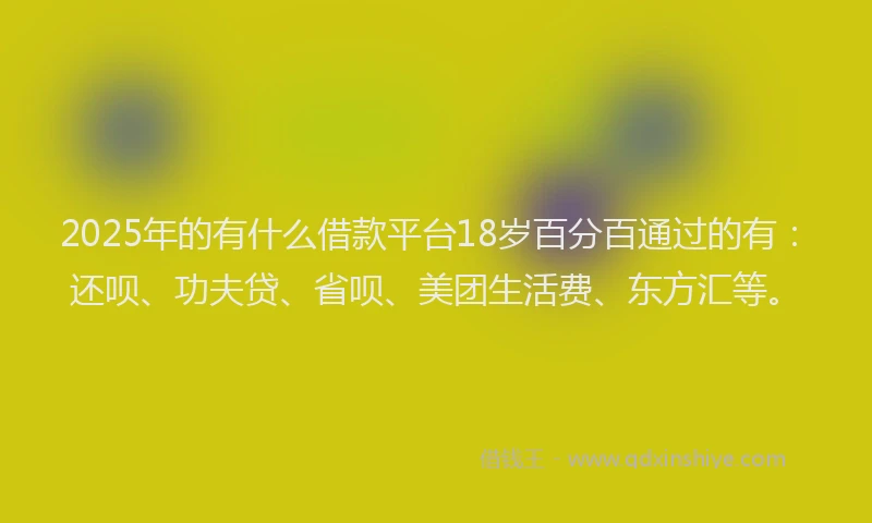 2025年的有什么借款平台18岁百分百通过的有：还呗、功夫贷、省呗、美团生活费、东方汇等。