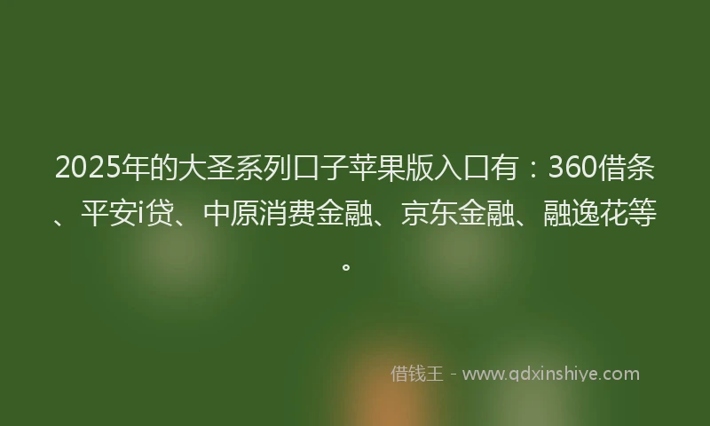 2025年的大圣系列口子苹果版入口有：360借条、平安i贷、中原消费金融、京东金融、融逸花等。