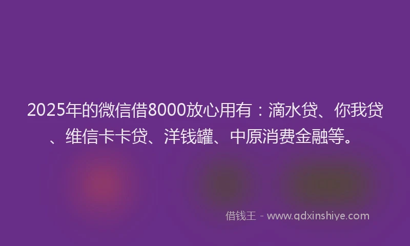 2025年的微信借8000放心用有：滴水贷、你我贷、维信卡卡贷、洋钱罐、中原消费金融等。