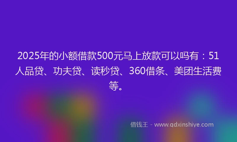 2025年的小额借款500元马上放款可以吗有：51人品贷、功夫贷、读秒贷、360借条、美团生活费等。