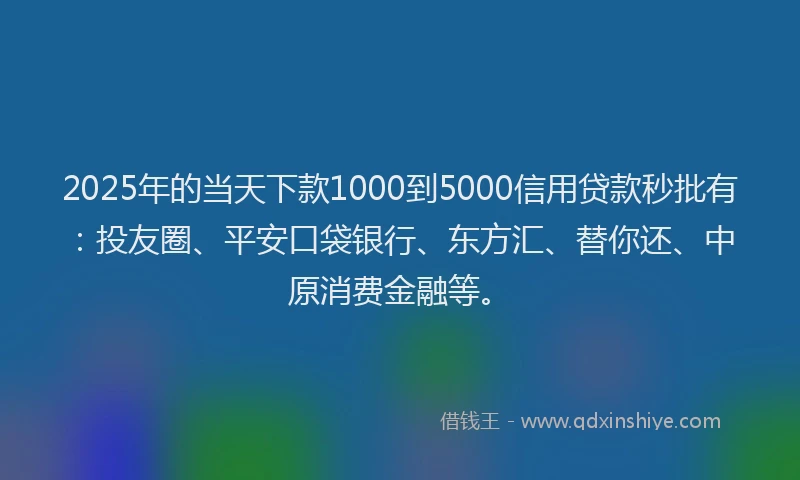 2025年的当天下款1000到5000信用贷款秒批有：投友圈、平安口袋银行、东方汇、替你还、中原消费金融等。