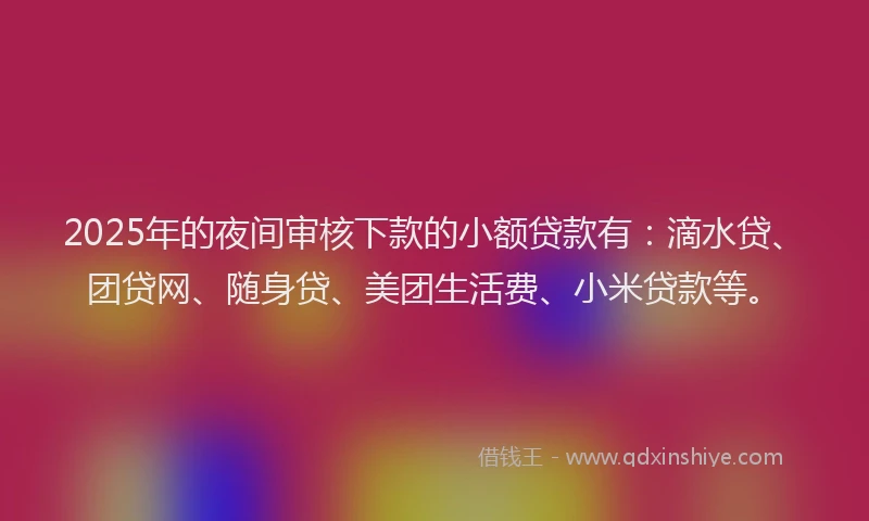 2025年的夜间审核下款的小额贷款有：滴水贷、团贷网、随身贷、美团生活费、小米贷款等。